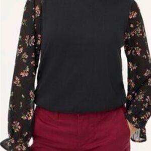 J. Crew Black Sweater Top with Sheer Floral Sleeves
